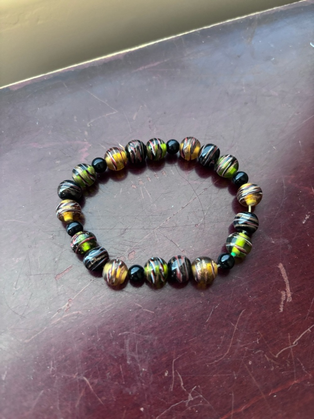 Handmade Swirl Glass Bead Stretch Bracelet - Black with Iridescent Accents